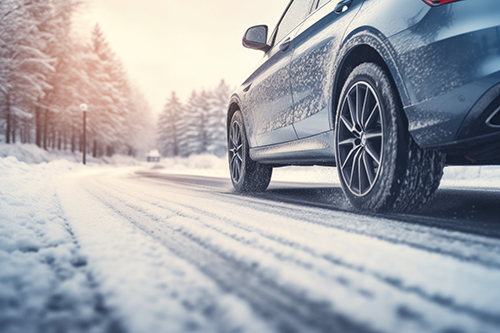 Car driving along a snow-covered road, with winter tires gripping the icy surface as snow-dusted trees line the roadside.