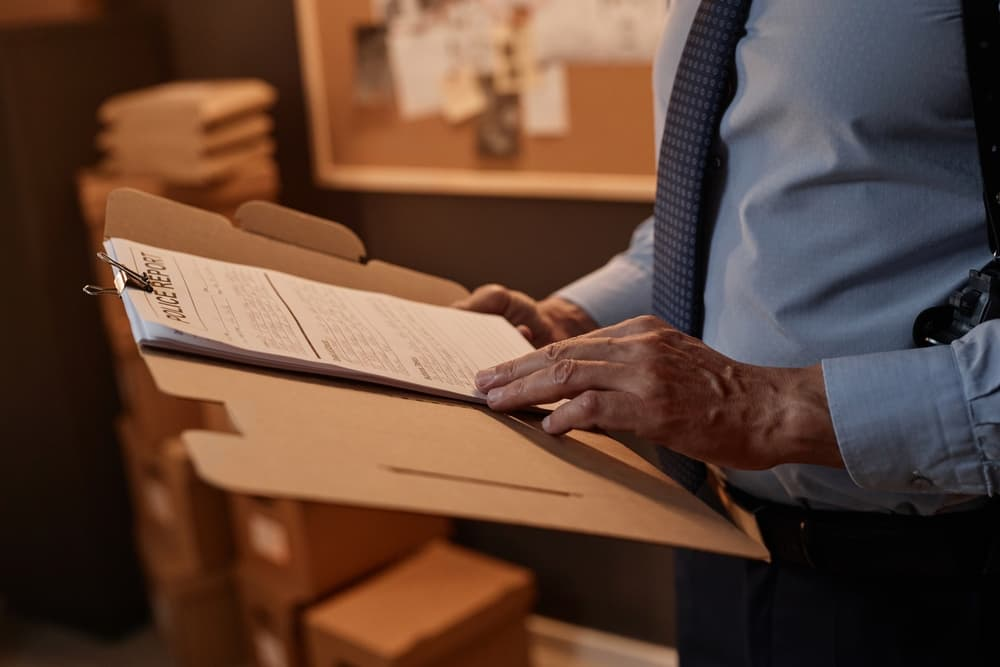 Close-up of a detective reading a police report on a clipboard in an office, copy space.