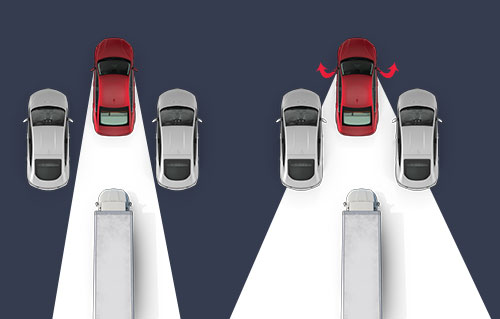 Top-down illustration showing a truck approaching two rows of cars, with a red car positioned between them; on the right side, arrows indicate the red car opening its doors into the truck’s path, illustrating a potential dooring hazard.